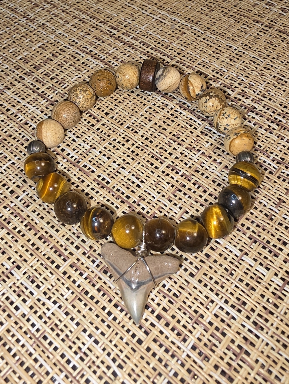 Natural Tiger Eye and Picture Jasper Beaded Bracelet with Shark Tooth Pendant